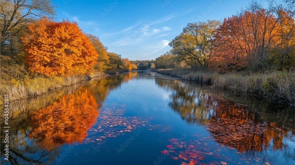 A river surrounded by colorful fall foliage, with orange and red leaves reflecting vividly in the water, under a bright blue sky - 1 A river surrounded by colorful fall foliage, with orange and red leaves reflecting vividly in the water, under a bright blue sky - 1