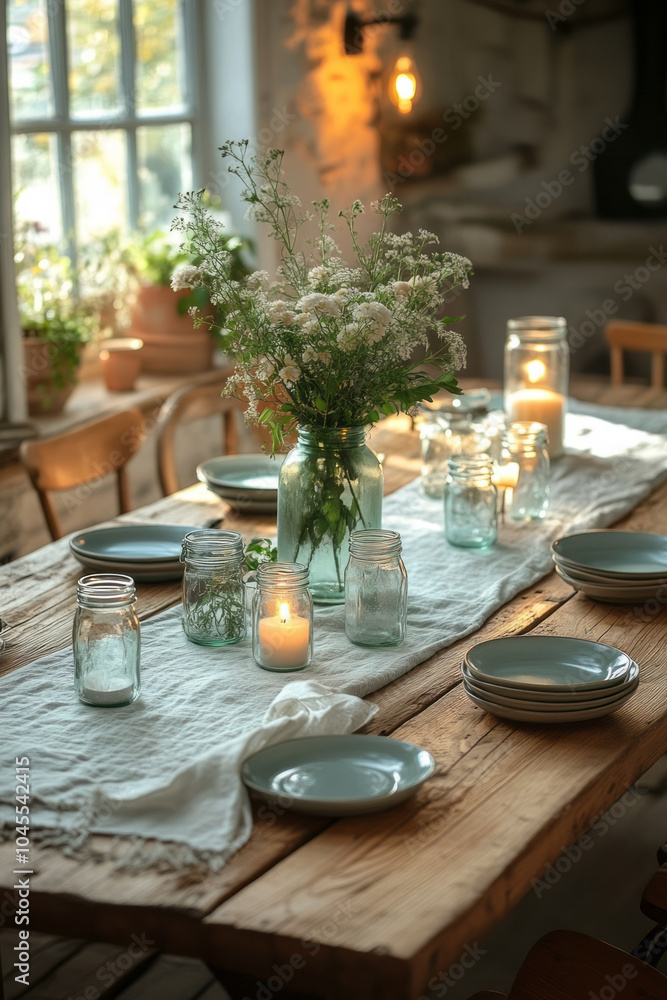 A rustic table covered in mason jars, cloth napkins, and fresh herbs, with the glow of candlelight adding to the autumnal coziness, A rustic table covered in mason jars, cloth napkins, and fresh herbs, with the glow of candlelight adding to the autumnal coziness,