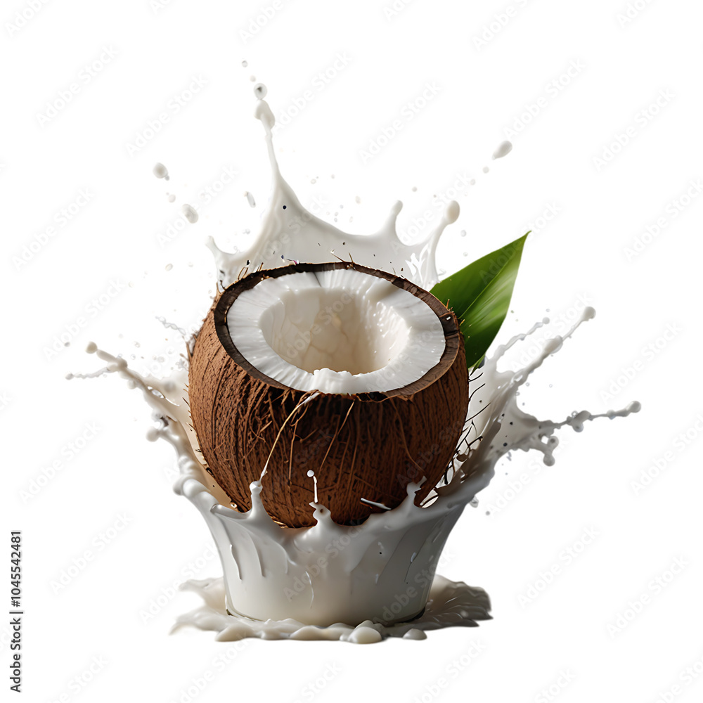 Close-up Coconut milk splash with leaves isolated on a transparent background. Ai generative Close-up Coconut milk splash with leaves isolated on a transparent background. Ai generative