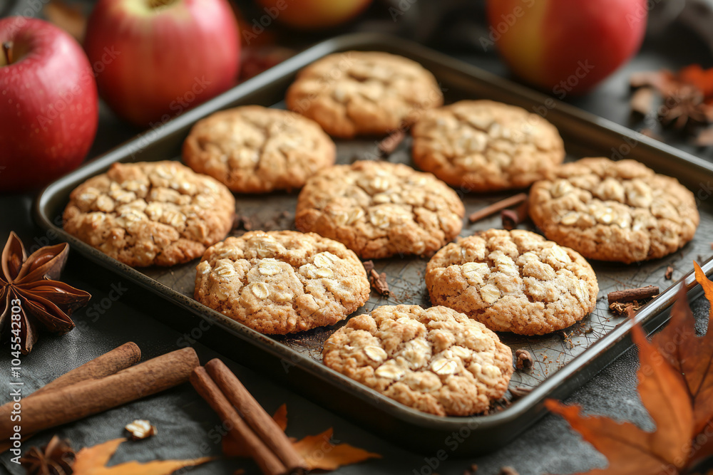 A kitchen scene with a baking tray filled with oatmeal cookies, apples, and cinnamon sticks, creating a cozy autumn atmosphere, A kitchen scene with a baking tray filled with oatmeal cookies, apples, and cinnamon sticks, creating a cozy autumn atmosphere,