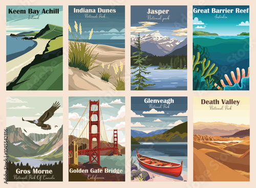 Set of Vintage Travel Posters, National Park Art Prints Nature Wall Art and Mountain Print Set Abstract Travel for Hikers Campers Living Room Decor. Vector illustration colorful