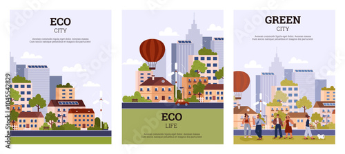 Set of vector illustrations city park with a wind farm in an ecologically clean city