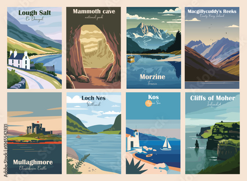 Set of Vintage Travel Posters, National Park Art Prints Nature Wall Art and Mountain Print Set Abstract Travel for Hikers Campers Living Room Decor. Vector illustration colorful