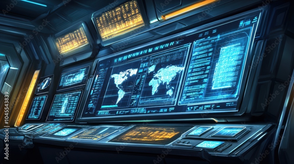 Obraz premium Large screen in a logistics dispatch room displaying real-time tracking data for global shipments.