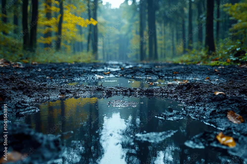 A puddle reflecting the blurred outline of a forest path A puddle reflecting the blurred outline of a forest path