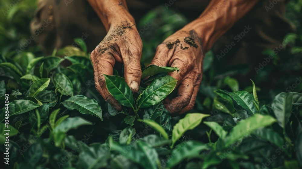 Close up of farmer's hands picking tea leaves in the garden. Close up of farmer's hands picking tea leaves in the garden.