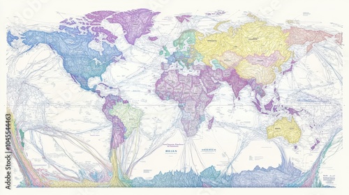 Realistic world map with thin connecting lines forming a web of international trade and financial networks.