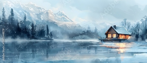 Cozy Snow Covered Cabin Overlooking Serene Icy Lake and Distant Snowcapped Peaks in Whimsical Watercolor Landscape