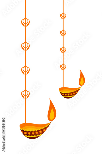 Vector illustration of khanda sikh symbol hanging dangler with diya on transparent background