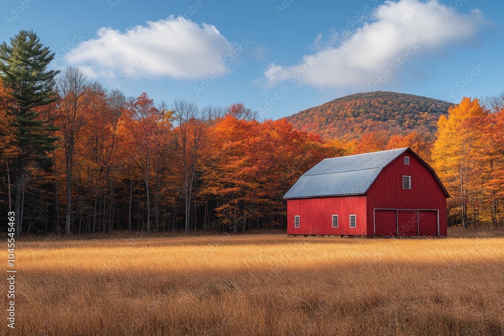 A picturesque red barn surrounded by vibrant autumn foliage and a distant mountain. A picturesque red barn surrounded by vibrant autumn foliage and a distant mountain.