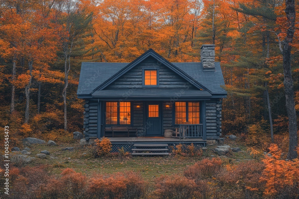 A cozy cabin surrounded by vibrant autumn foliage and warm glowing windows. A cozy cabin surrounded by vibrant autumn foliage and warm glowing windows.