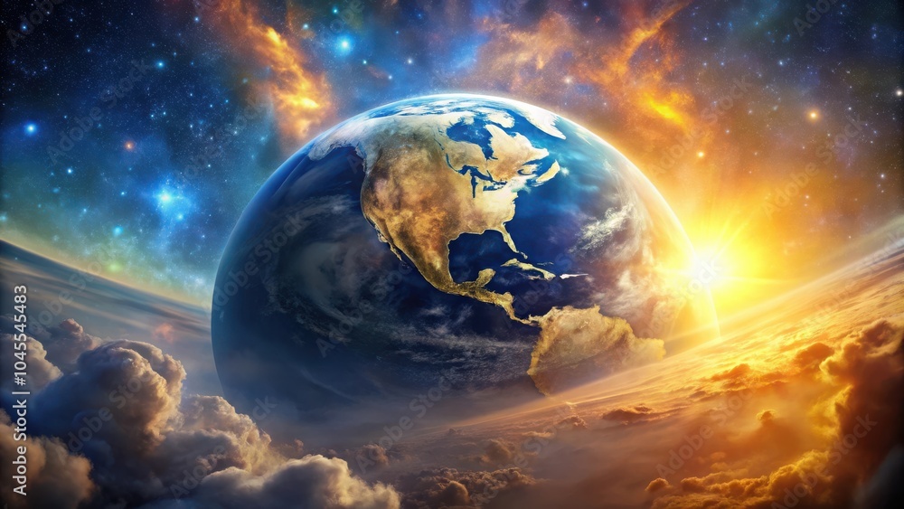 A celestial panorama of a luminous sunrise over a swirling planet with a constellation of stars in the distant cosmos. A celestial panorama of a luminous sunrise over a swirling planet with a constellation of stars in the distant cosmos.