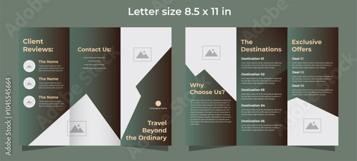 Trifold brochure template for travel compagny in green and brown gradient colors