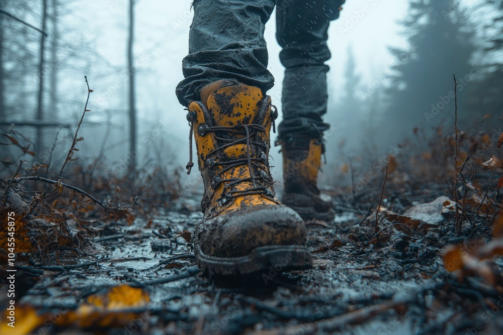 Close-up of Muddy Hiking Boots in a Foggy Forest Close-up of Muddy Hiking Boots in a Foggy Forest