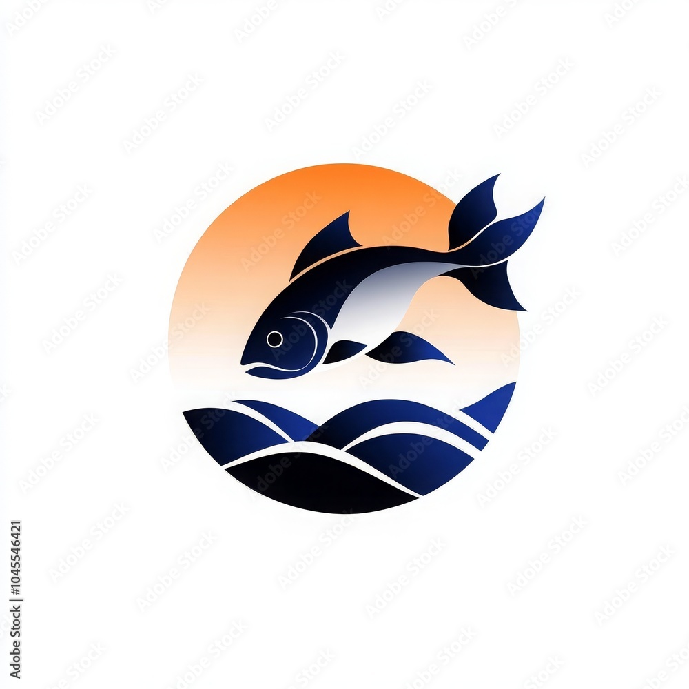 Fish Logo Design with Ocean Waves and Sunset Fish Logo Design with Ocean Waves and Sunset