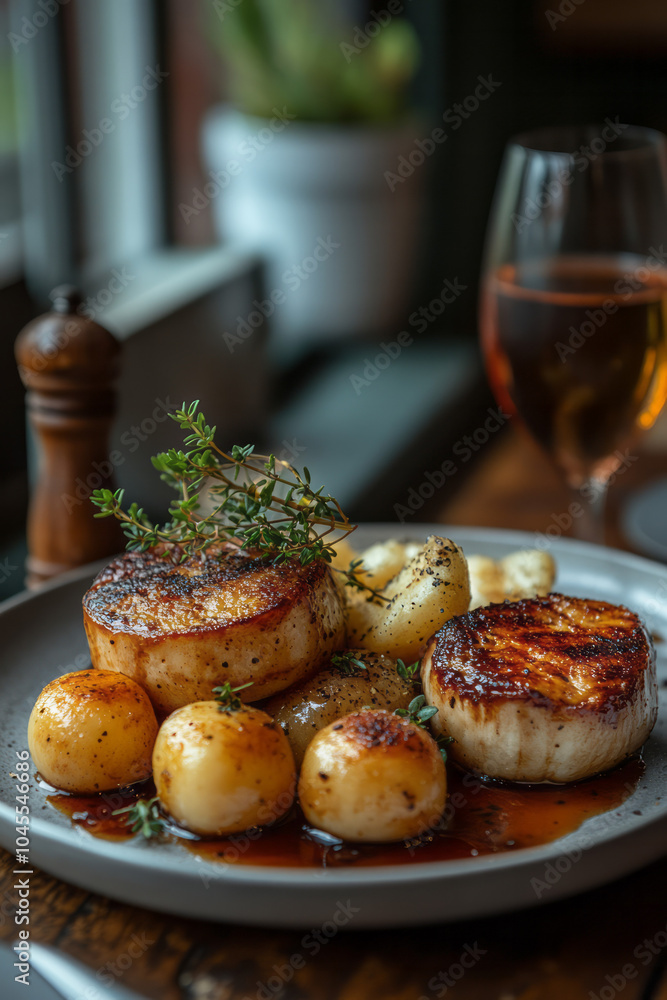 A close-up of a delicate china plate adorned with a finely garnished Michelin-star meal, under soft, ambient lighting, A close-up of a delicate china plate adorned with a finely garnished Michelin-star meal, under soft, ambient lighting,