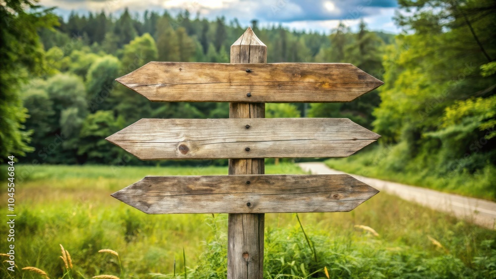 Naklejka premium Rustic Wooden Signpost with Three Arrows Pointing in Different Directions, Set Against a Background of Lush Green Trees and a Winding Road