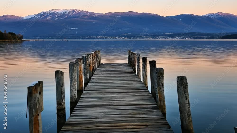 A wooden pier extends into a calm lake with snow-capped mountains in the background A wooden pier extends into a calm lake with snow-capped mountains in the background