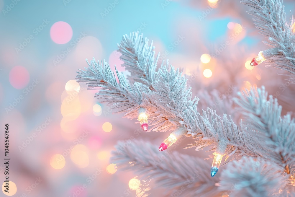 White Christmas Tree Branches with Colorful Lights on a Blurred Background, Festive Card Design with Bokeh Effect and Soft Pastel Tones White Christmas Tree Branches with Colorful Lights on a Blurred Background, Festive Card Design with Bokeh Effect and Soft Pastel Tones