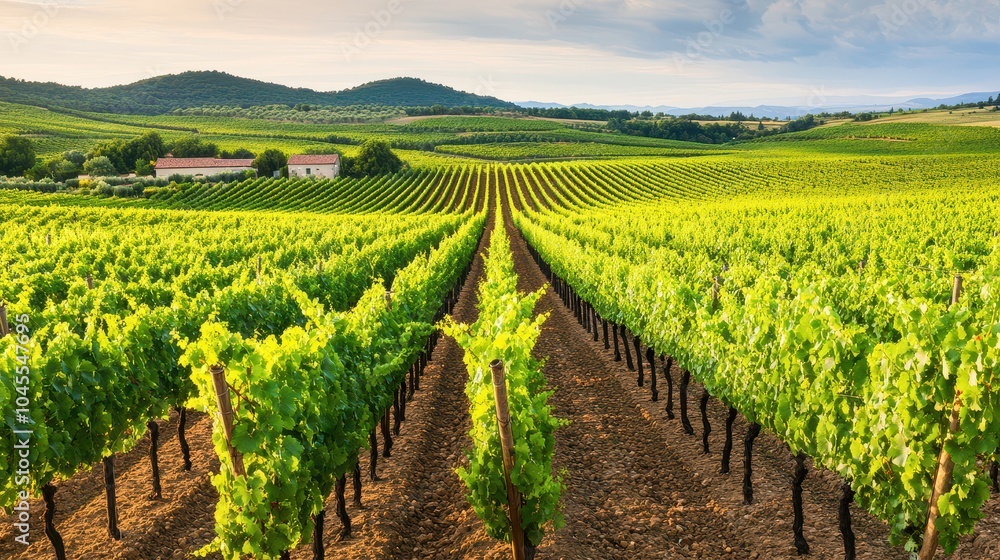Obraz premium A picturesque vineyard landscape with rows of green grapevines under a vibrant sky, showcasing nature's beauty and agricultural charm.