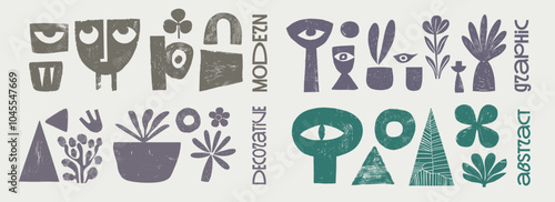 Abstract decorative graphic design with minimalist modern shapes, featuring geometric figures, plants, and faces in a playful arrangement. Text elements enhance composition.