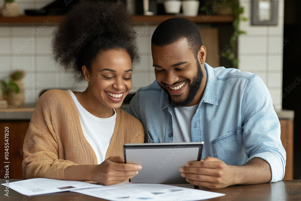African couple using a digital tablet purchasing new furniture online. African couple using a digital tablet purchasing new furniture online.