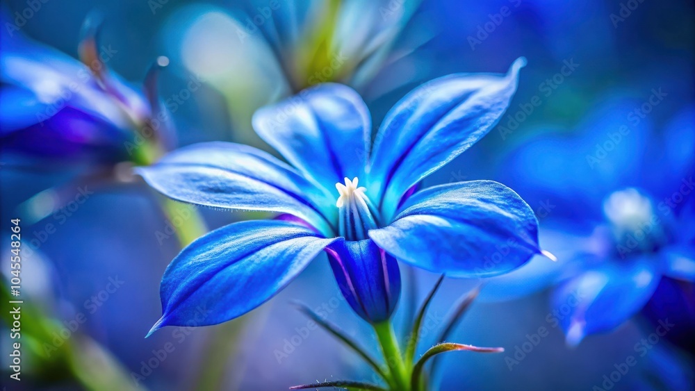 A delicate blue flower with a soft, light blue center, blurred background, and vibrant, almost iridescent petals. A delicate blue flower with a soft, light blue center, blurred background, and vibrant, almost iridescent petals.