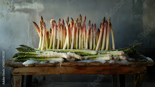 A Picturesque Scene of Frozen Asparagus Artfully Laid on a Rustic Wooden Table with Frosty Details photo