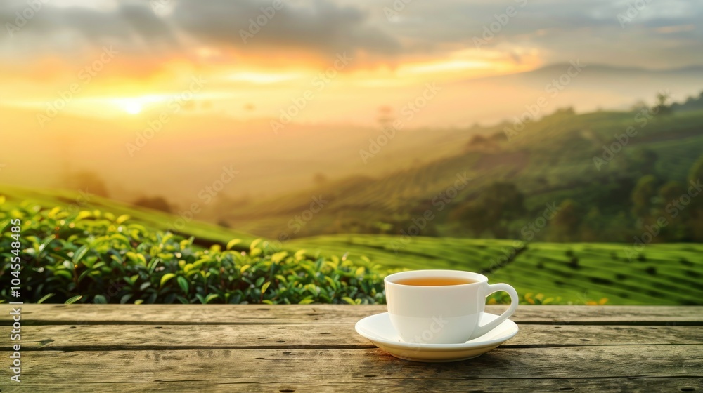 A cup of tea on a wooden table with a tea plantation in the background at sunrise. A cup of tea on a wooden table with a tea plantation in the background at sunrise.