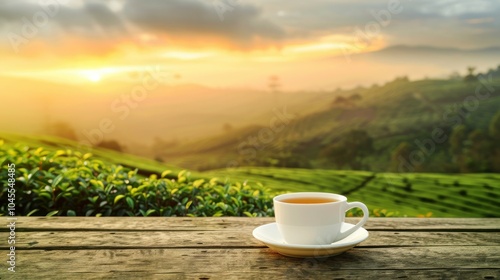 A cup of tea on a wooden table with a tea plantation in the background at sunrise.