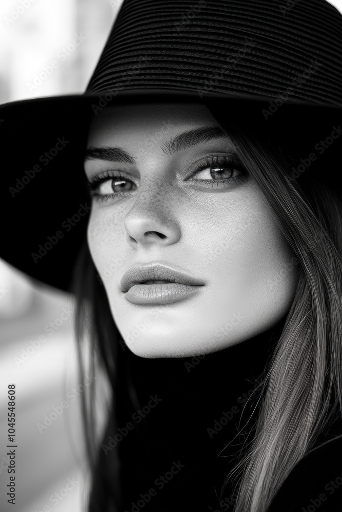 gros plan sur le visage d'une belle jeune femme avec un grand chapeau noir gros plan sur le visage d'une belle jeune femme avec un grand chapeau noir