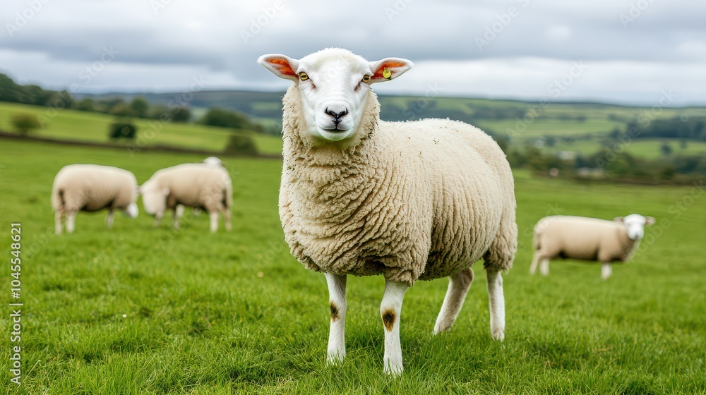 Fototapeta premium A serene sheep stands in a lush green field, surrounded by fellow flock members under a cloudy sky. Nature's beauty on display.