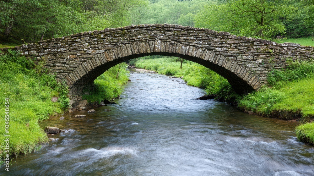 Fototapeta premium A serene stone bridge arching over a peaceful stream, surrounded by lush greenery and a tranquil landscape.