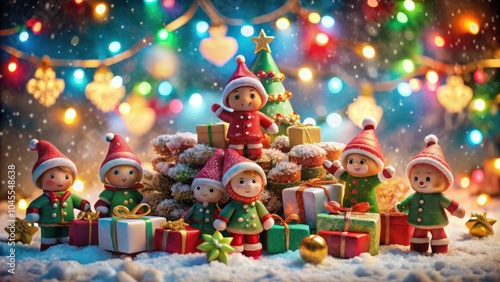 A group of cheerful elves gathered around a Christmas tree, surrounded by gifts and twinkling lights, creating a festive and joyful winter wonderland scene.