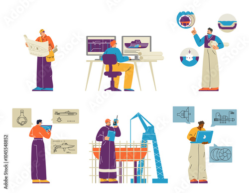 A set of vector illustrations featuring shipbuilders designing marine equipment.