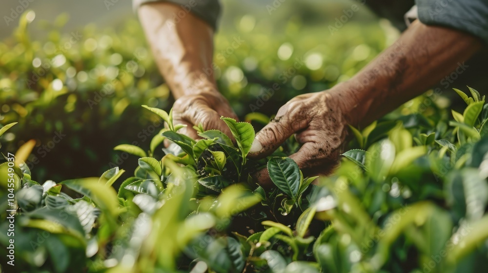 Close up of farmer's hands picking tea leaves in the garden. Close up of farmer's hands picking tea leaves in the garden.