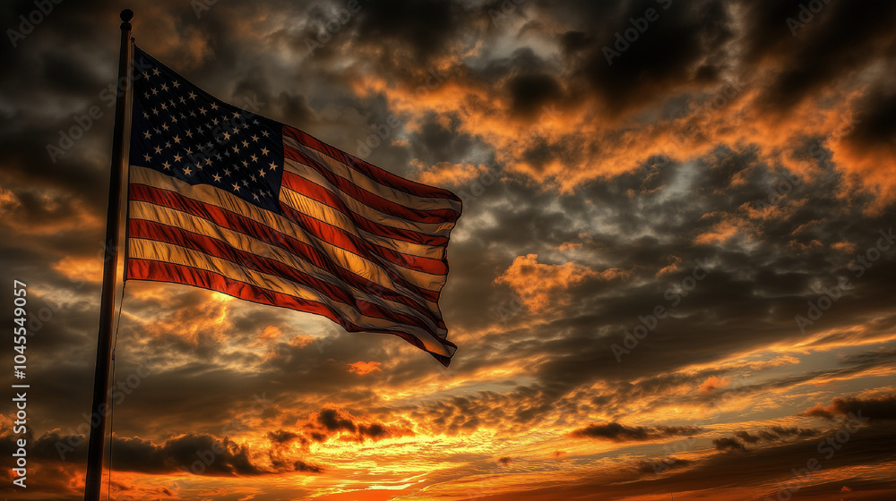 Obraz premium American flag waving in front of sunrise with dramatic clouds