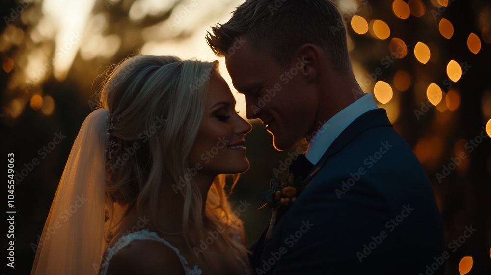 A bride and groom embrace during their wedding ceremony, bathed in the warm glow of sunset. A bride and groom embrace during their wedding ceremony, bathed in the warm glow of sunset.