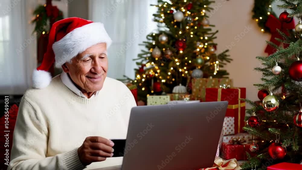 A joyful elderly man in a Santa hat shops online for Christmas, with festive decorations and wrapped gifts around him. Perfect video footage for holiday shopping themes. A joyful elderly man in a Santa hat shops online for Christmas, with festive decorations and wrapped gifts around him. Perfect video footage for holiday shopping themes.