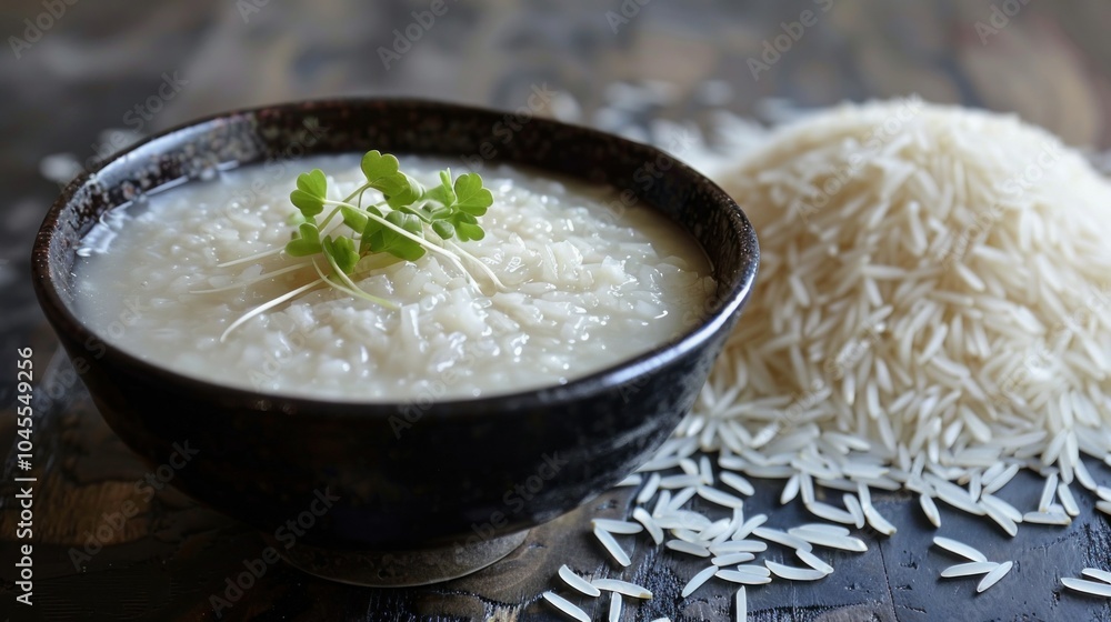 A bowl of rice porridge with green bean sprouts on top sits next to a pile of raw white rice grains. A bowl of rice porridge with green bean sprouts on top sits next to a pile of raw white rice grains.