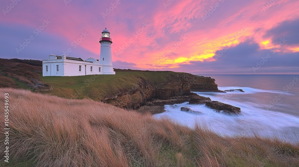 A white lighthouse stands on a cliff overlooking the ocean at sunset, with pink and orange clouds in the sky. A white lighthouse stands on a cliff overlooking the ocean at sunset, with pink and orange clouds in the sky.