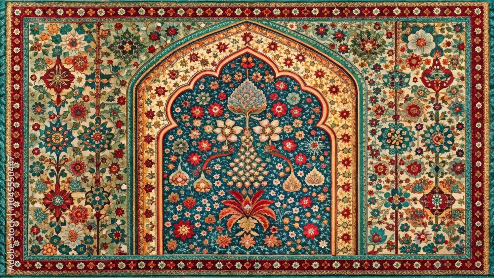 Intricate Floral Motif Within an Ornamental Arch, A Tapestry of Colors and Patterns Intricate Floral Motif Within an Ornamental Arch, A Tapestry of Colors and Patterns