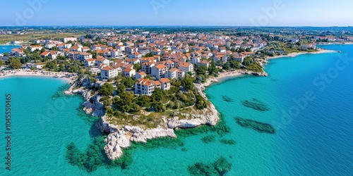 Fototapeta Naklejka Na Ścianę i Meble -  Aerial View of Coastal Town with Crystal Clear Water and Sandy Beach