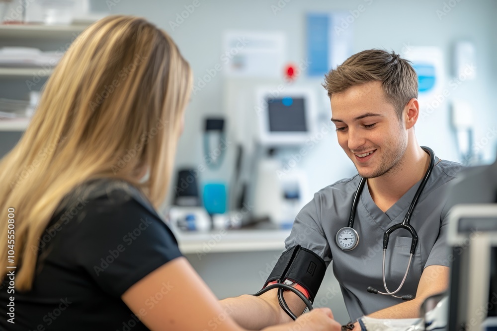 Obraz premium A healthcare professional checks the blood pressure of a patient. The atmosphere is friendly and supportive. This image illustrates care and precision in medicine. Generative AI