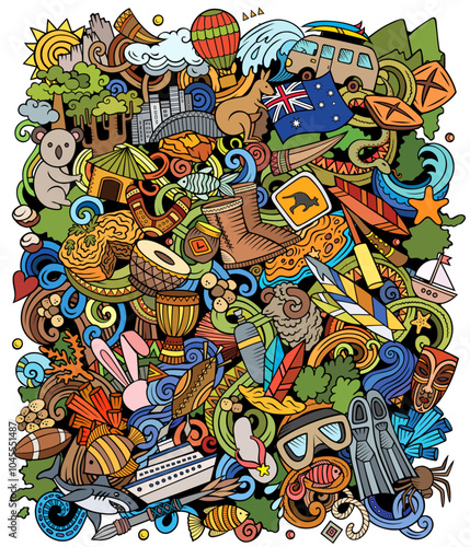 Australia cartoon doodle illustration. Funny Australian design. Creative vector background with Oceania Country elements and objects