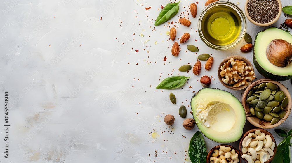 Top view of a white surface with various healthy ingredients such as avocado, almonds, pumpkin seeds, cashews, walnuts, chia seeds, and basil leaves. Top view of a white surface with various healthy ingredients such as avocado, almonds, pumpkin seeds, cashews, walnuts, chia seeds, and basil leaves.