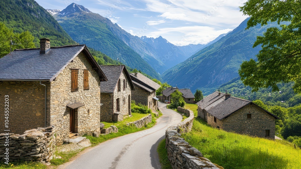 Scenic view of a peaceful mountain village with stone houses and winding road surrounded by lush greenery and majestic peaks. Scenic view of a peaceful mountain village with stone houses and winding road surrounded by lush greenery and majestic peaks.