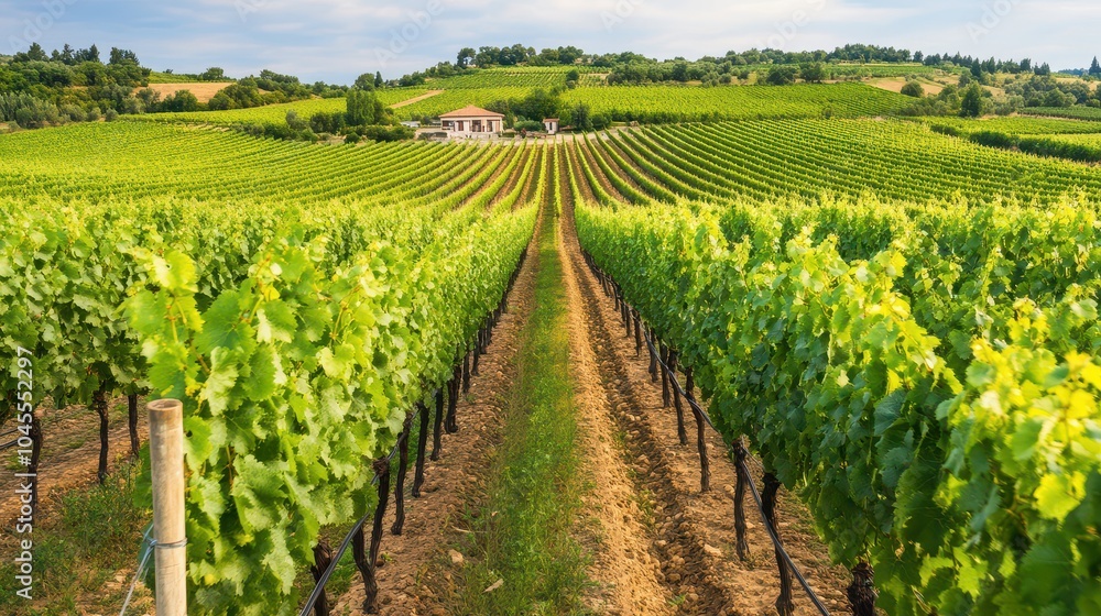 Scenic vineyard rows stretch across rolling hills under a clear blue sky, showcasing lush grapevines and tranquility of nature. Scenic vineyard rows stretch across rolling hills under a clear blue sky, showcasing lush grapevines and tranquility of nature.