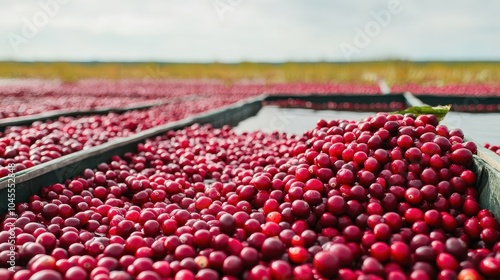 Vibrant, freshly harvested cranberries spread across a farm, showcasing the natural bounty of autumn and the fruit's rich color. photo