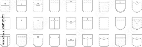 Patch pocket icon for clothing. Patch pockets with and without buttons zipper rivets line icons set isolated on white. Clothing design elements collection. Isolated vector illustration.